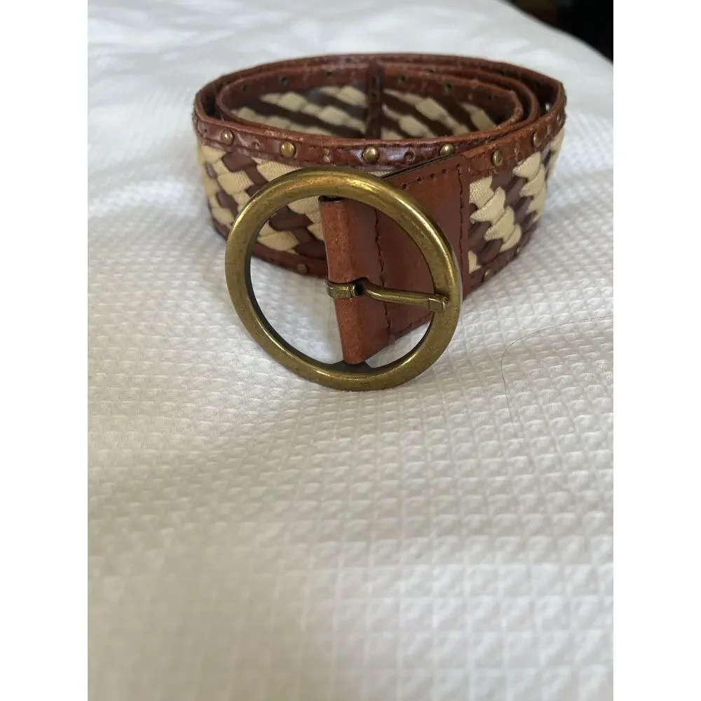 Leather and Canvas Woven‎ Belt Size Large Brown/Tan Preppy Spring Casual
